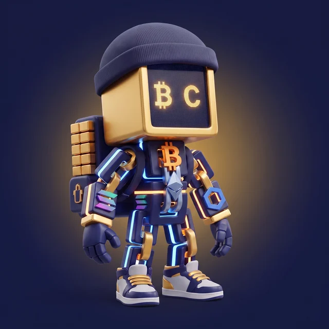 Blockchain Buddy (B), the nicspics mascot: a robot with a BC screen face and a beanie